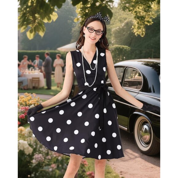 Women's 1950s Polka Dot Dress Vintage Sleeveless Outfit Accessories - Picture 6 of 7